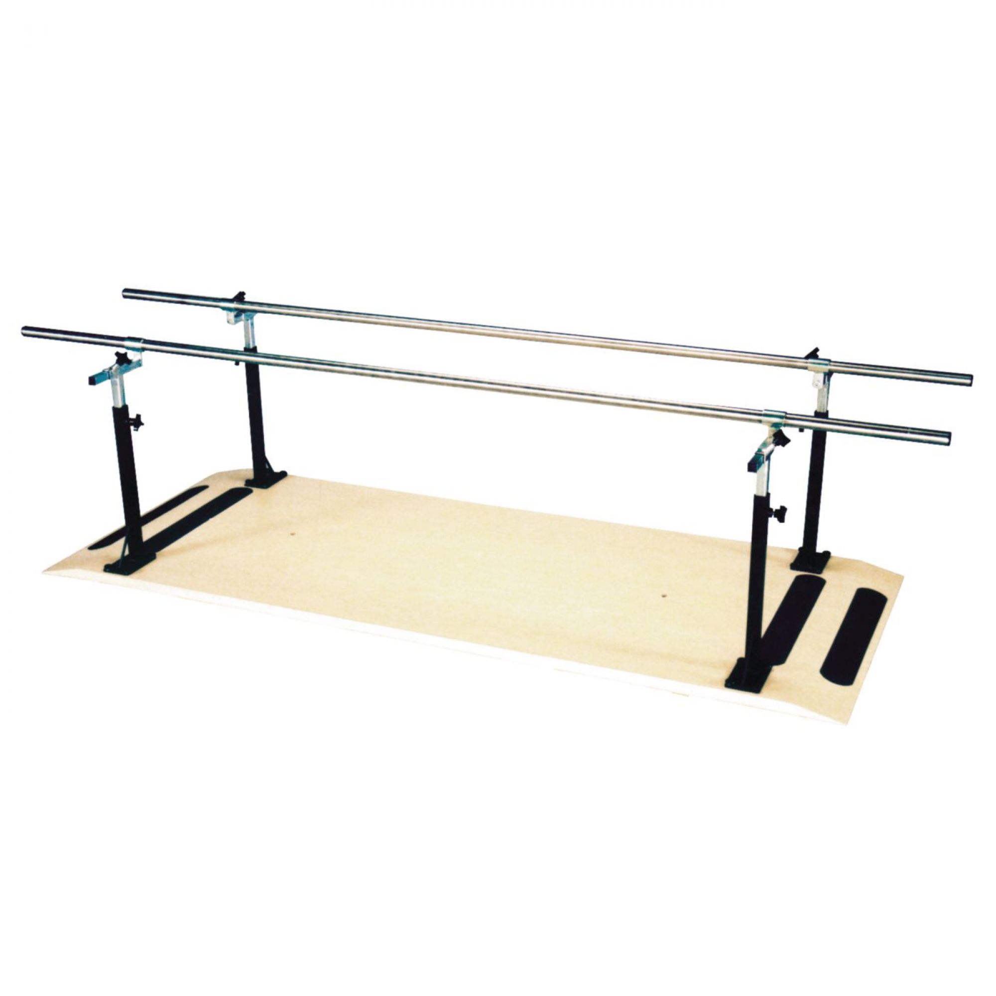 Armedica AM-710 Manual Platform Mounted Parallel Bars - 10' - Stainless Steel Hand rails 1àdiameter (3.8 cm). Slip-resistant laminated platform. Posi-Lok locking knobs. 400 lb Capacity ..Height Range: 26' to 44'; Width Range: 19' to 26'